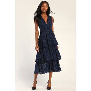 Lulus Make It Mesmerizing Navy Blue Jacquard Tiered Midi Dress - Size L